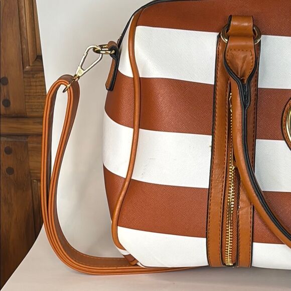Brown and White Striped Tote with Faux Leather Trim 15” x 7” x 9” - Picture 3 of 9